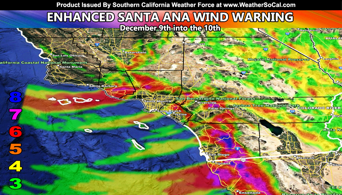 Enhanced Santa Ana Wind Warning Issued from the Official Office of Southern California Weather; Wind Maps Available